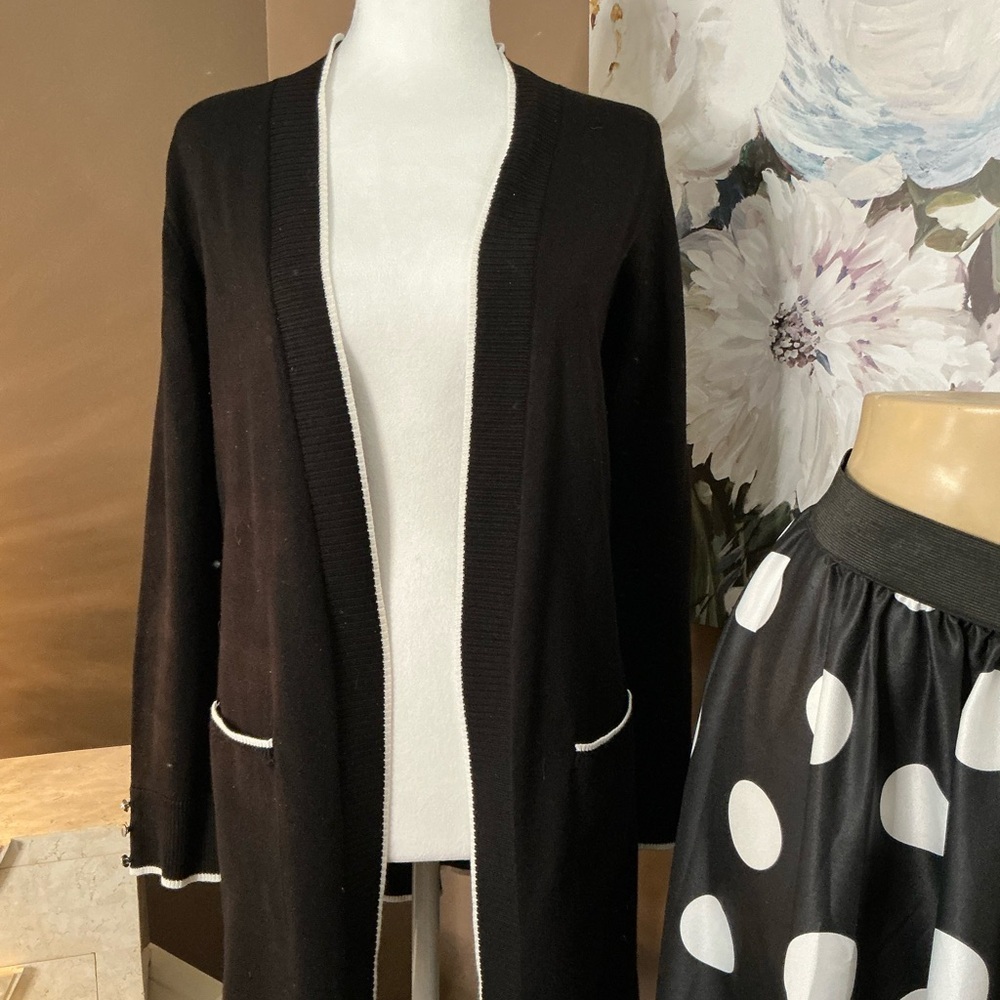 Black Cardigan Sweater With Accents of White Trim by 89th & Madison